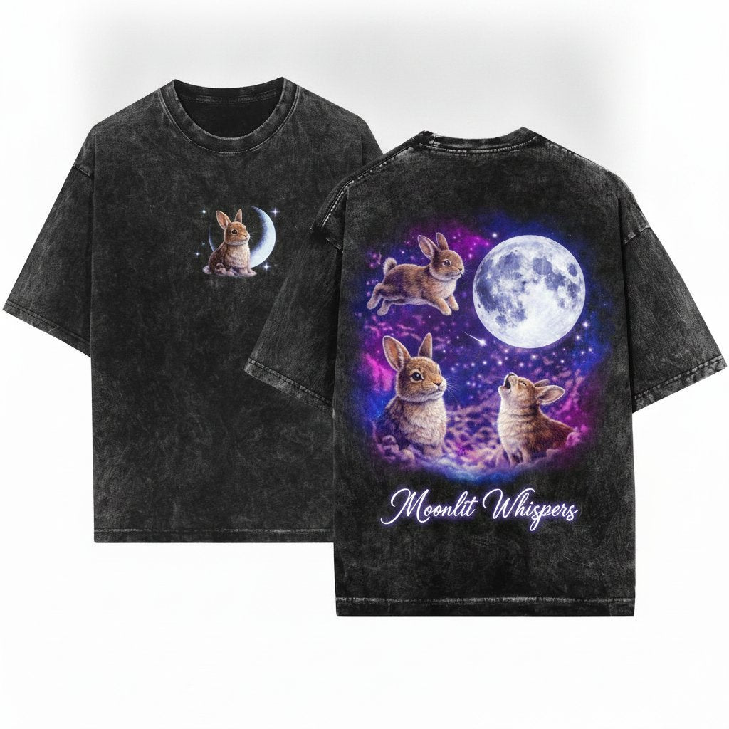 Space Bunnies Vintage Silly Rabbit Cute Gift 90s Full Moon Howling Animal Graphic Unisex Wash T-Shirt