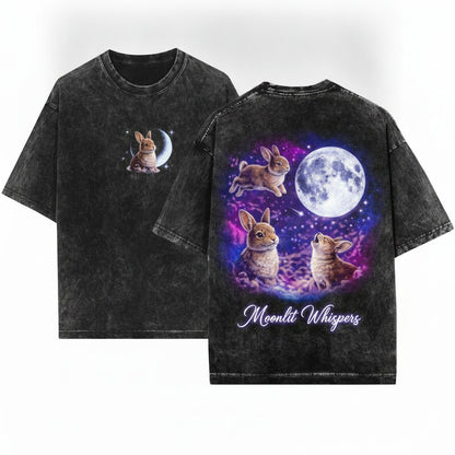 Space Bunnies Vintage Silly Rabbit Cute Gift 90s Full Moon Howling Animal Graphic Unisex Wash T-Shirt