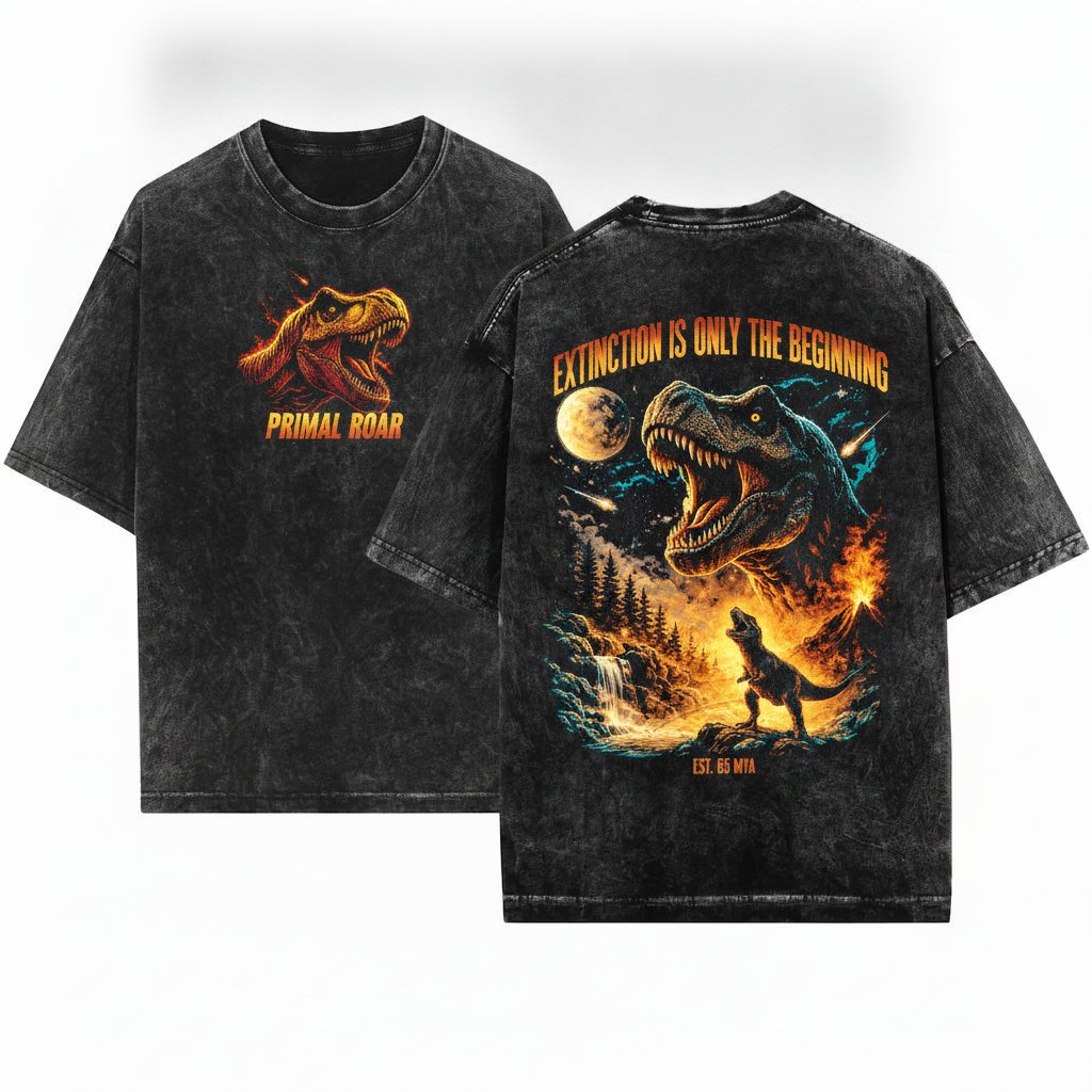 Vintage Dinosaur Howling Moon Graphic Gift 90s Animal Rex Unisex Wash T-Shirt