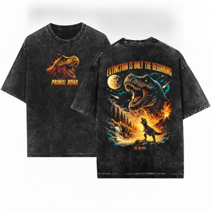 Vintage Dinosaur Howling Moon Graphic Gift 90s Animal Rex Unisex Wash T-Shirt