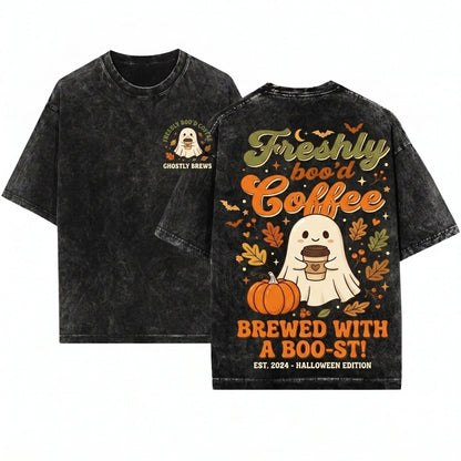 Freshly Bood Coffee Vintage Halloween Ghost Lover Unisex Wash T-Shirt