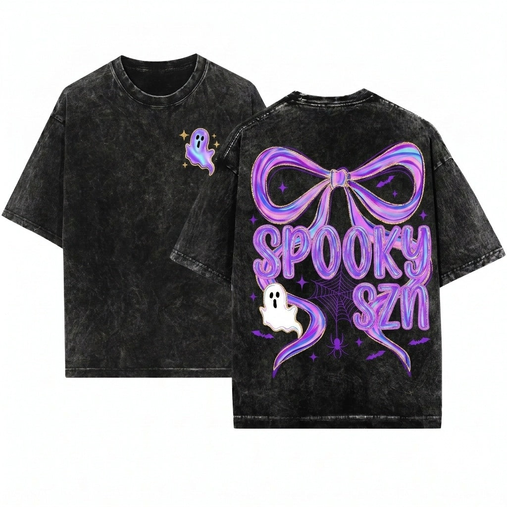 Cute Custom Halloween Spooky Ghost Brushstroke Boo Bow Toddler Preppy Neon Graphic Name Digital Art Design Unisex Wash T-Shirt