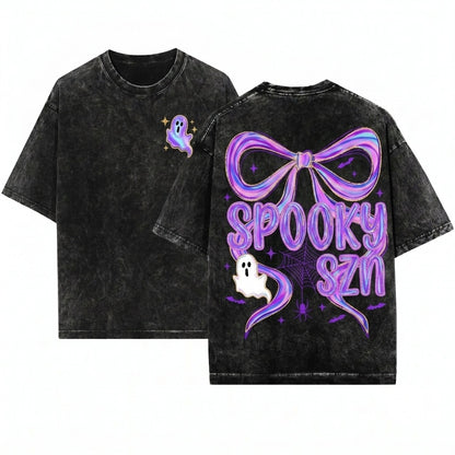 Cute Custom Halloween Spooky Ghost Brushstroke Boo Bow Toddler Preppy Neon Graphic Name Digital Art Design Unisex Wash T-Shirt