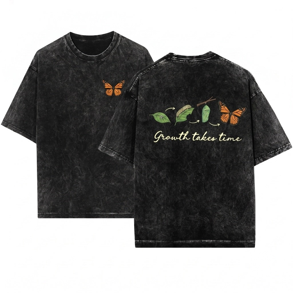 Vintage Butterfly Mental Health Positive Quote Growth Takes Time Inspirational Graphic Unisex Wash T-Shirt