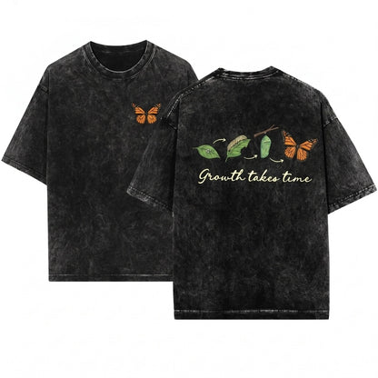 Vintage Butterfly Mental Health Positive Quote Growth Takes Time Inspirational Graphic Unisex Wash T-Shirt