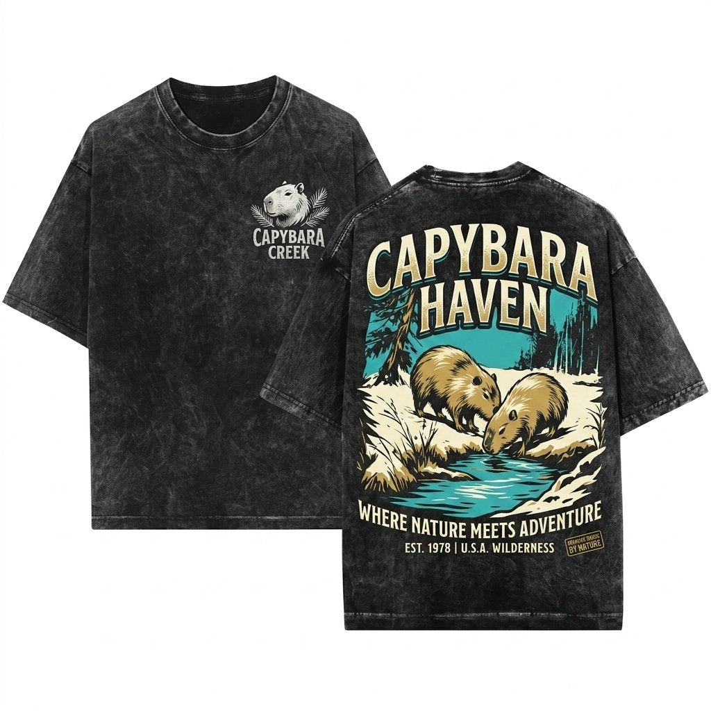 Vintage Capybaras Nature Graphic Gift Rustic Countryside Outdoor Unisex Wash T-Shirt