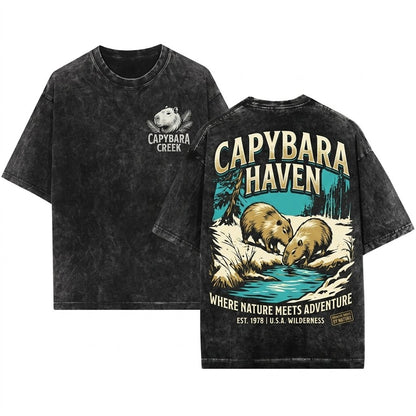 Vintage Capybaras Nature Graphic Gift Rustic Countryside Outdoor Unisex Wash T-Shirt