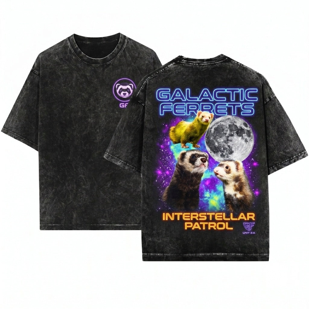 Three Ferret Moon Vintage Cosmic Galaxy Graphic Top Retro Space Animal Polecat Lover Gift Unisex Wash T-Shirt