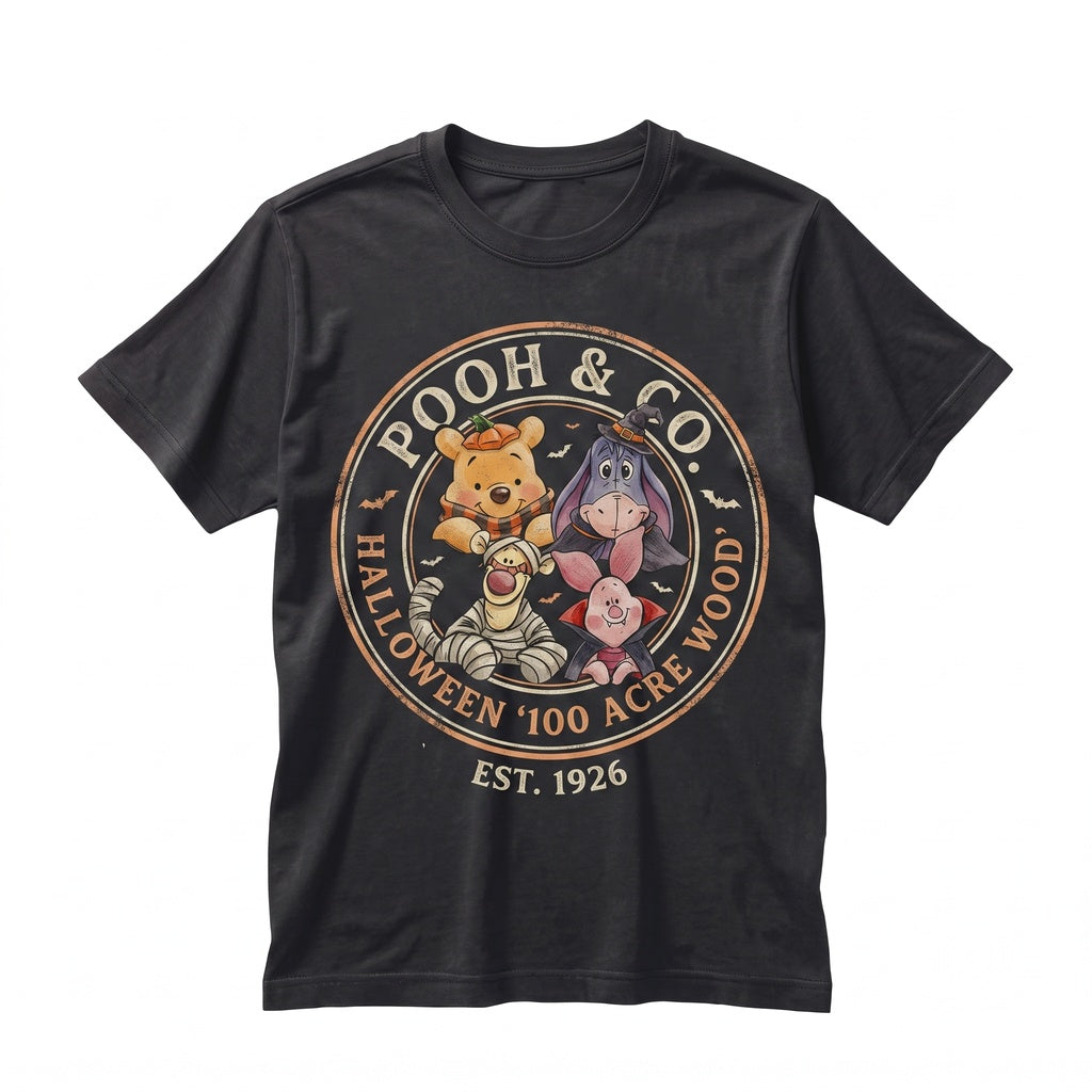 Vintage Hundred Acre Wood Halloween Trick-or-Treat Bear and Friends Graphic Spooky Season Theme Park Unisex TShirt