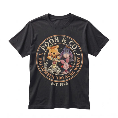Vintage Hundred Acre Wood Halloween Trick-or-Treat Bear and Friends Graphic Spooky Season Theme Park Unisex TShirt