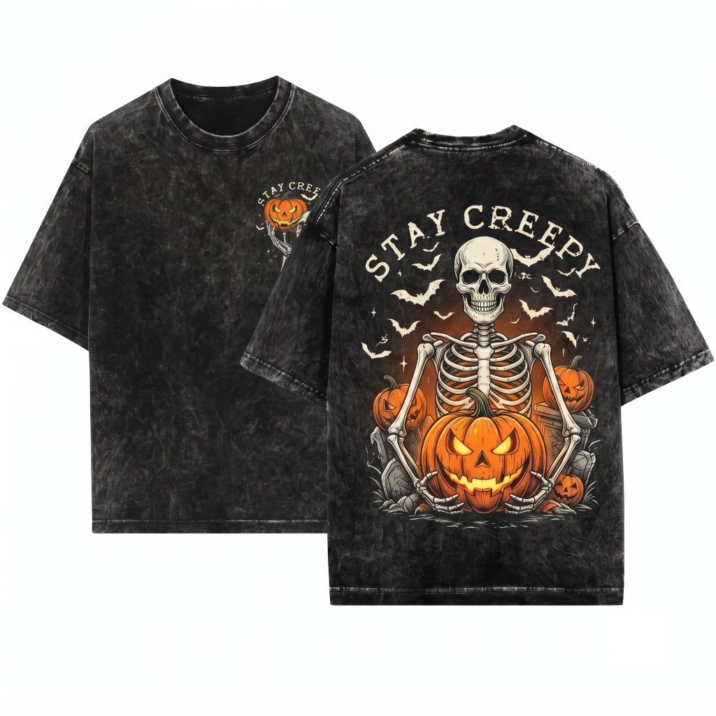 Vintage Halloween Retro Skeleton Pumpkin Graphic Stay Creepy Top Unisex Wash T-Shirt