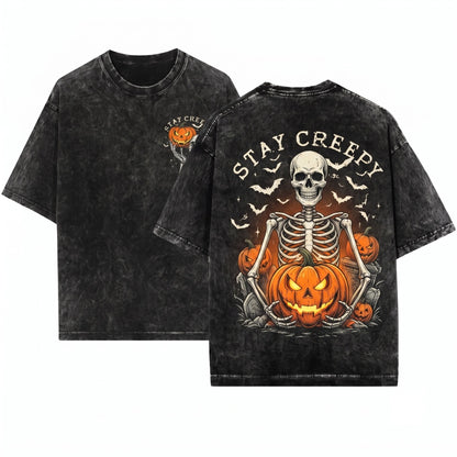 Vintage Halloween Retro Skeleton Pumpkin Graphic Stay Creepy Top Unisex Wash T-Shirt