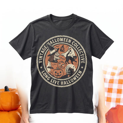 Long Live Halloween Vintage Black Cat Retro Fall Apparel Garment Dyed Unisex TShirt