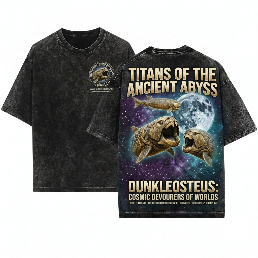 Three Dunkleosteus Ancient Fish Galaxy Prehistoric Sea Vintage Wash Retro Graphic Unisex T-Shirt