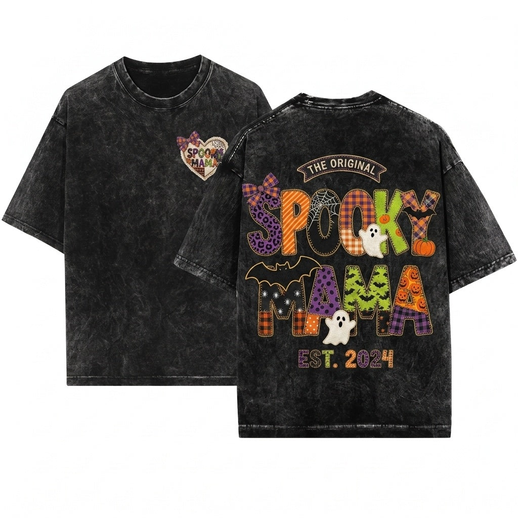 Faux Patchwork Spooky Mama Plaid Halloween Quilt Letter Pumpkin Ghost Fall Graphic Unisex Wash T-Shirt