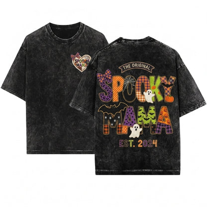 Faux Patchwork Spooky Mama Plaid Halloween Quilt Letter Pumpkin Ghost Fall Graphic Unisex Wash T-Shirt