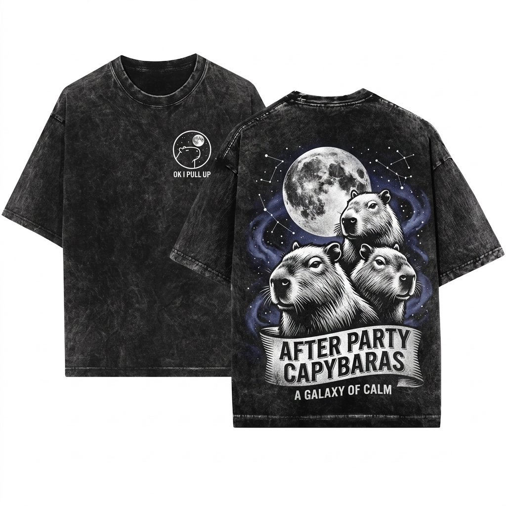 Vintage Full Moon Capybara Graphic Three Animal Lover Wildlife Aesthetic 90s Gift Unisex Wash T-Shirt