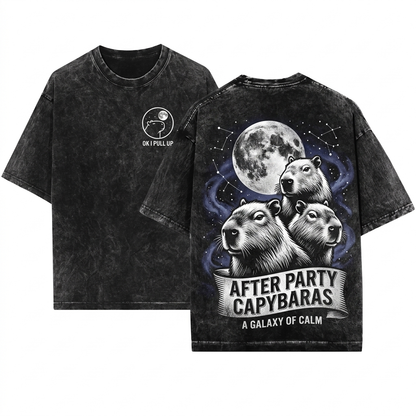 Vintage Full Moon Capybara Graphic Three Animal Lover Wildlife Aesthetic 90s Gift Unisex Wash T-Shirt