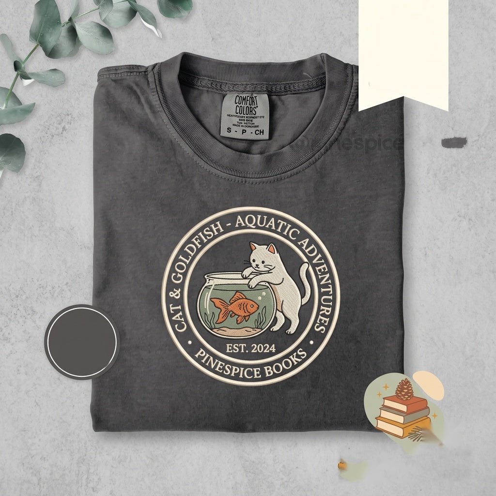 Embroidered Kitten and Goldfish Cute Cat Heavyweight Garment-Dyed Cotton Crewneck Unisex TShirt