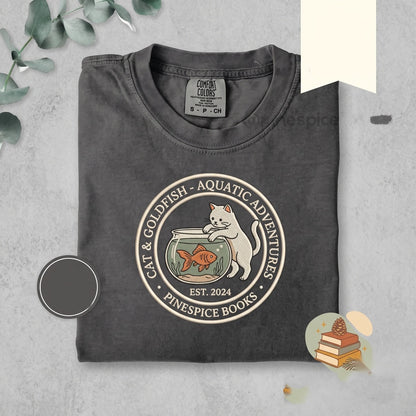 Embroidered Kitten and Goldfish Cute Cat Heavyweight Garment-Dyed Cotton Crewneck Unisex TShirt