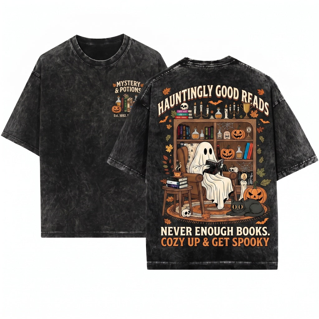 Cozy Halloween Ghost Reading Library Bookshelf Graphic Unisex Wash T-Shirt