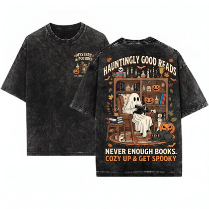 Cozy Halloween Ghost Reading Library Bookshelf Graphic Unisex Wash T-Shirt