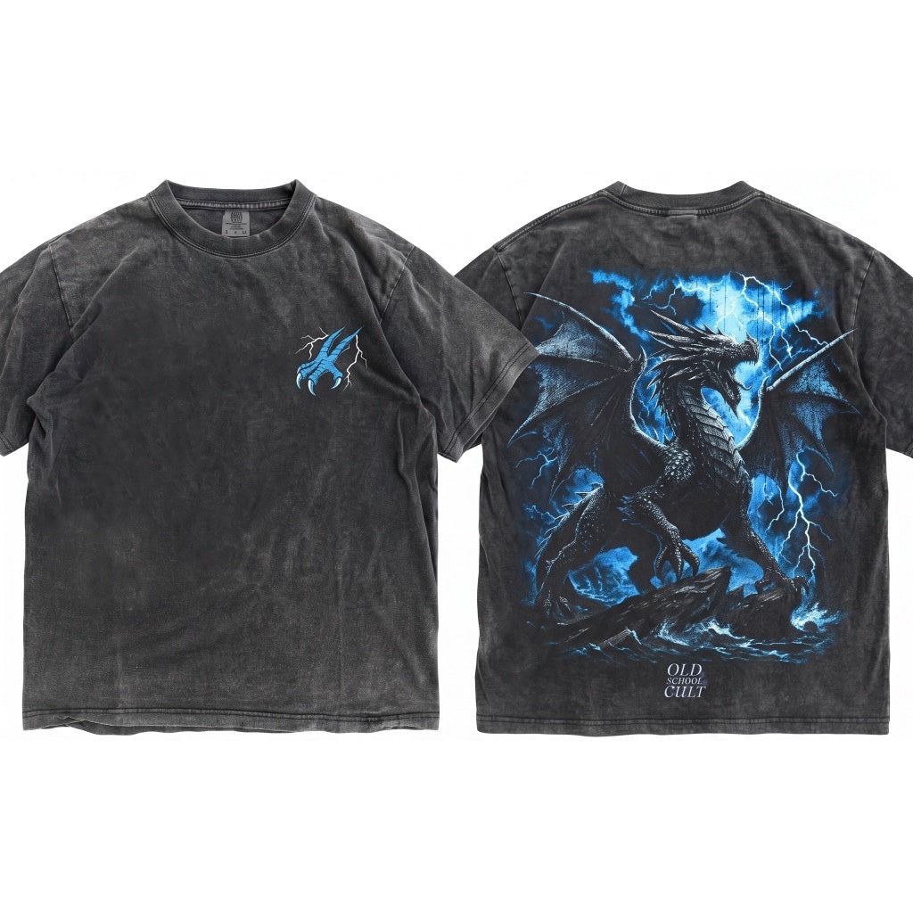 Vintage Gothic Fantasy Dragon Lightning Graphic Mythical Creature Retro Metal Aesthetic Gift Unisex Wash T-Shirt