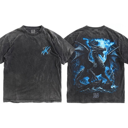 Vintage Gothic Fantasy Dragon Lightning Graphic Mythical Creature Retro Metal Aesthetic Gift Unisex Wash T-Shirt