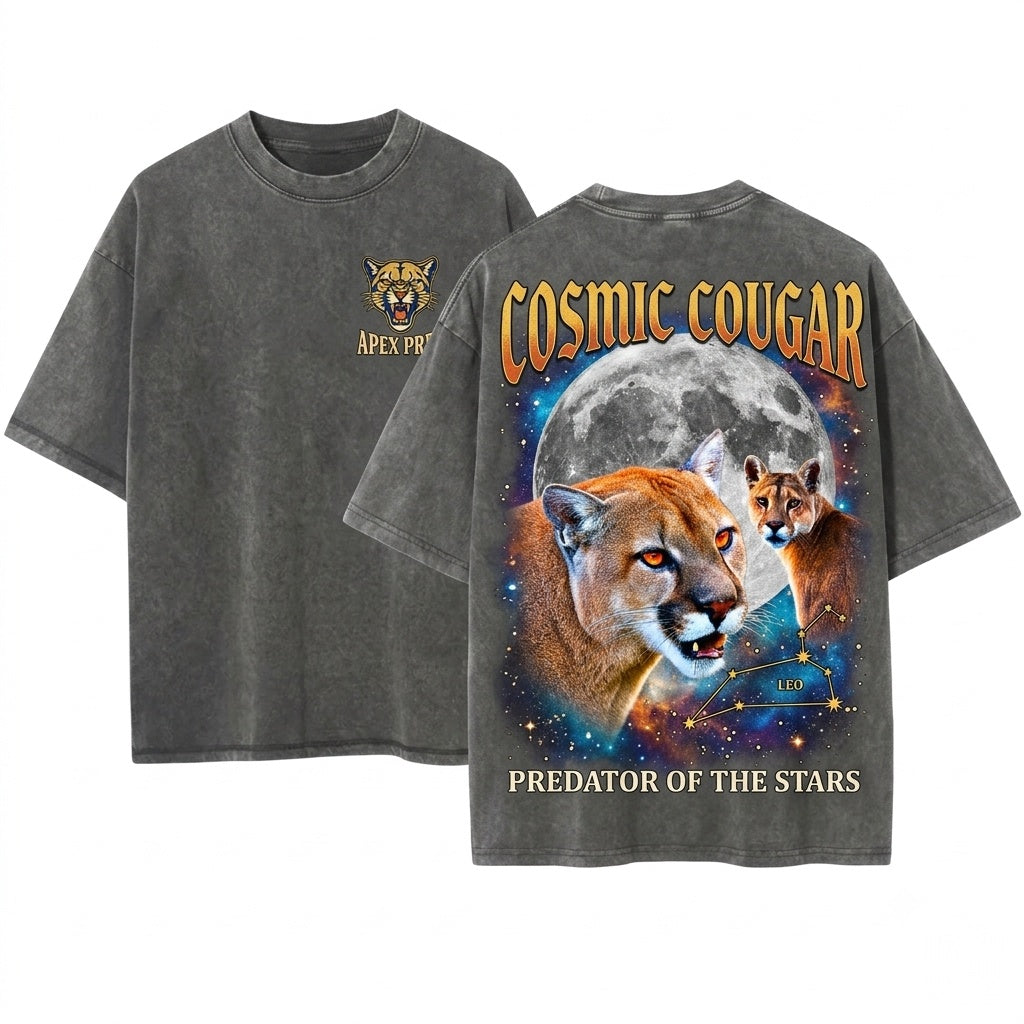 Three Cougar Moon Retro Graphic Vintage Funny Oversized Silly Gift Unisex Wash T-Shirt