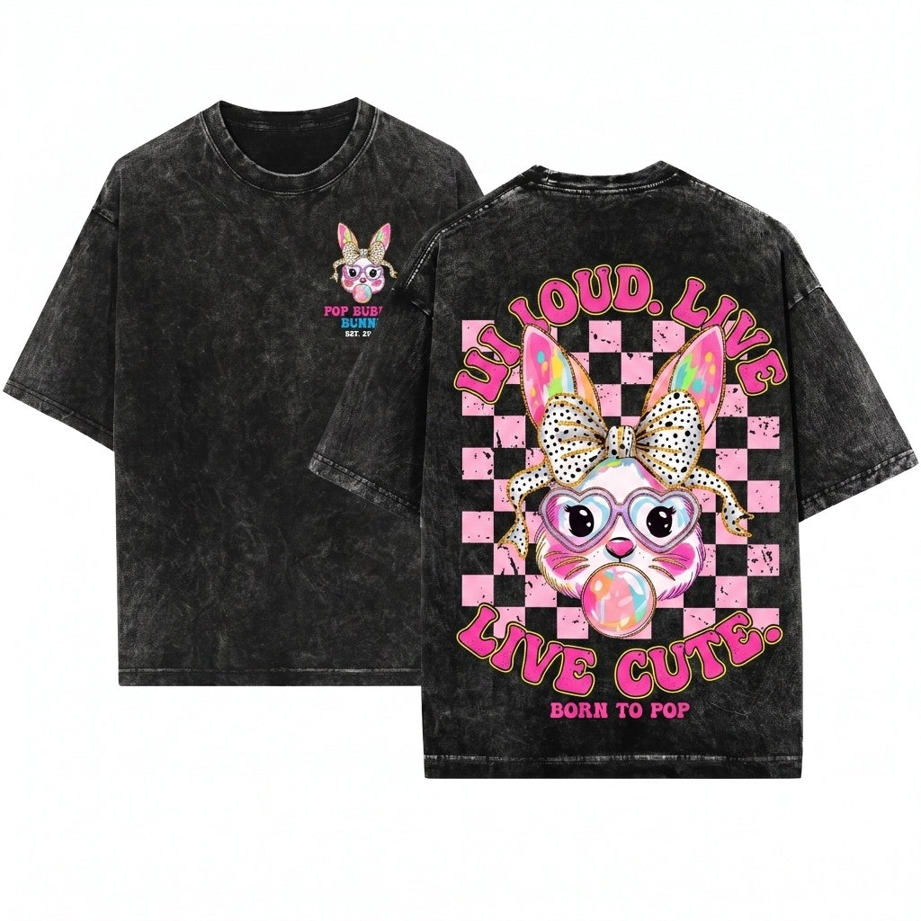 Easter Bunny Coquette Brushstroke Happy Womens Graphic Tee Unisex Wash T-Shirt