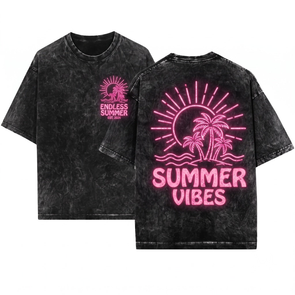 Summer Vibes Trendy Front Back Design Retro Vacation Beach Tee Unisex Wash T-Shirt