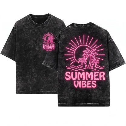Summer Vibes Trendy Front Back Design Retro Vacation Beach Tee Unisex Wash T-Shirt