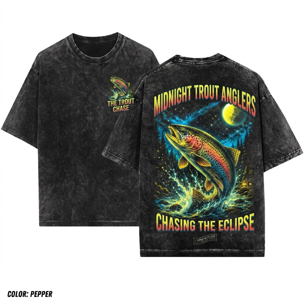 Rainbow Trout Full Moon Retro Fishing Gift 90s Animal Vintage Apparel Unisex Wash T-Shirt