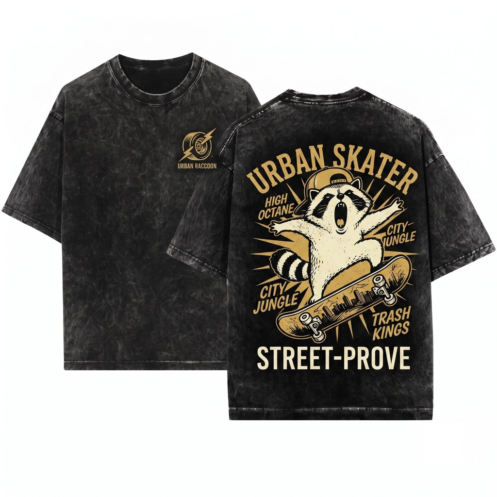 Y2K Skater Raccoon Graphic Top, Funny Woodland Animal Grunge Streetwear Style Gift Unisex Wash T-Shirt