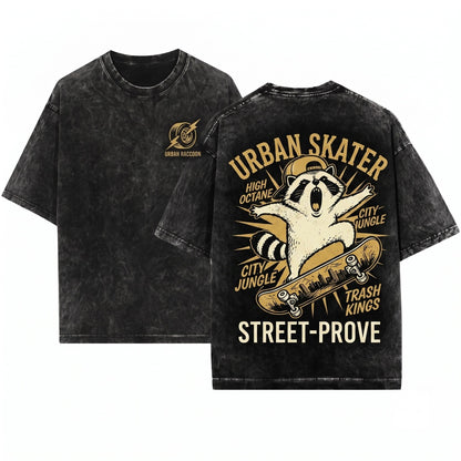 Y2K Skater Raccoon Graphic Top, Funny Woodland Animal Grunge Streetwear Style Gift Unisex Wash T-Shirt