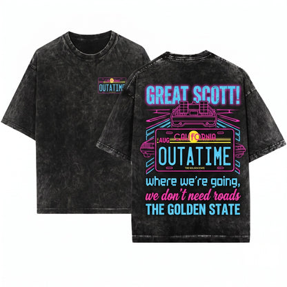 Retro 80s Sci-Fi Movie Outatime License Plate Graphic Unisex Wash T-Shirt