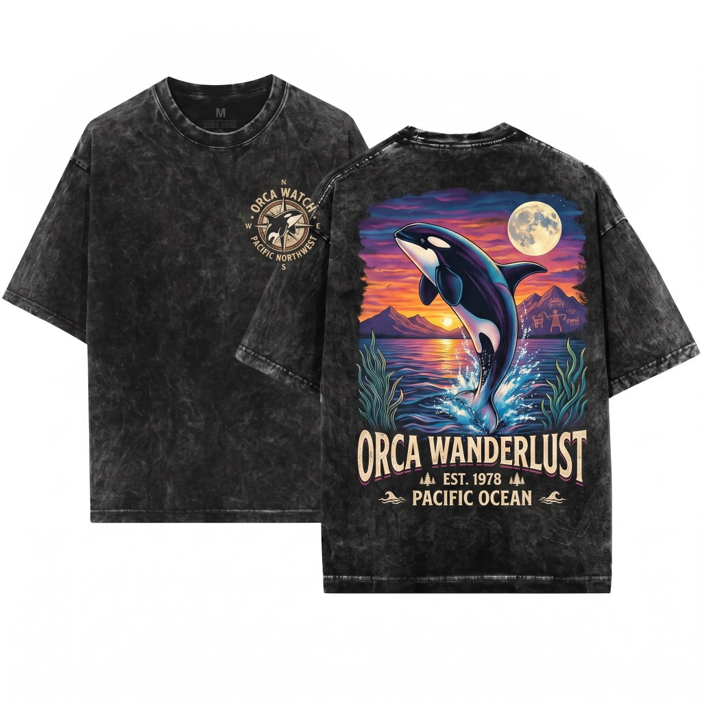 Orca Midnight Vintage Style Retro Ocean Moonlight Lightning 90s Marine Life Graphic Unisex Wash T-Shirt