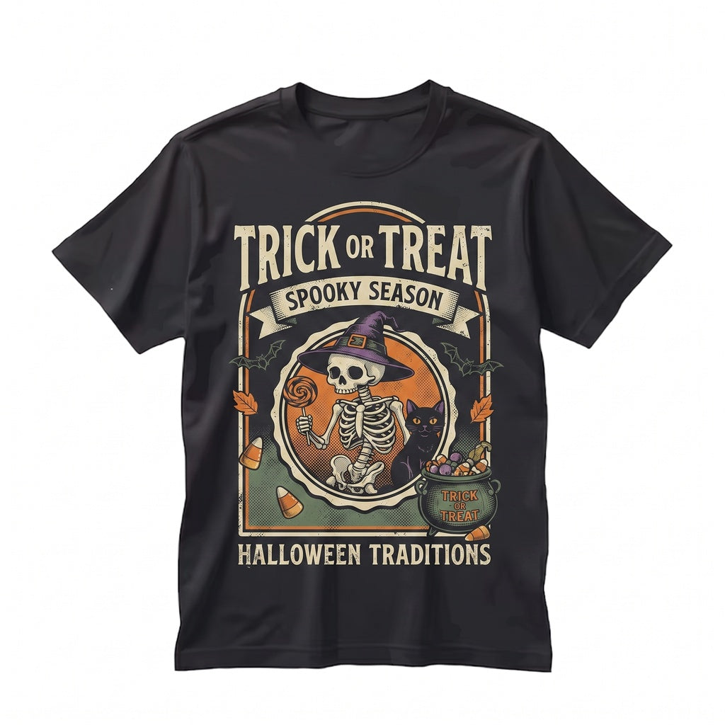 Halloween Spooky Skeleton Witch Hat Pumpkin Black Cat Trick Or Treat Autumn Graphic Party Gift Unisex TShirt
