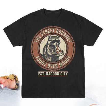 If Im Moody Give Me Foody Funny Raccoon Eating Pizza Sarcastic Food Lover Retro Graphic Gift Unisex TShirt