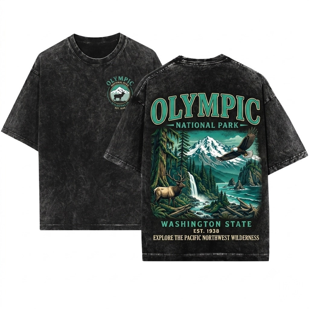 Vintage Olympic National Park Washington Coastal Mountain Pacific Northwest Hiking Adventure Gift Unisex Wash T-Shirt