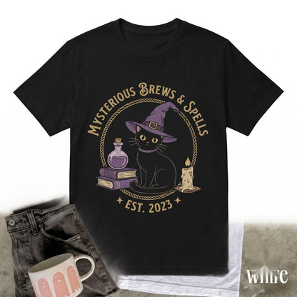 Spooky Witch Black Cat Graphic Potion Book Magic Halloween Autumn Gift Unisex TShirt