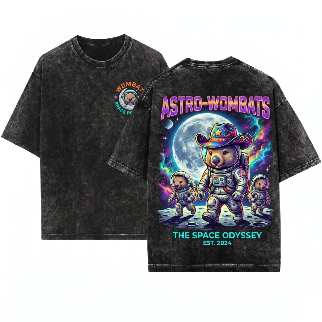 Three Wombats Galaxy Moon Space Funny Cute Aussie Wildlife Graphic Unisex Wash T-Shirt