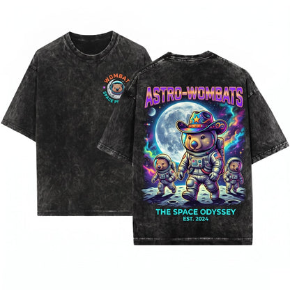 Three Wombats Galaxy Moon Space Funny Cute Aussie Wildlife Graphic Unisex Wash T-Shirt