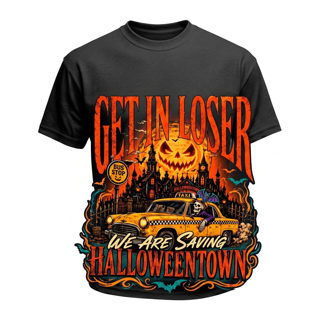 Get In Loser We Are Saving Spooky Town Funny Skeleton Taxi Driver Retro Halloween Movie Fan Unisex TShirt