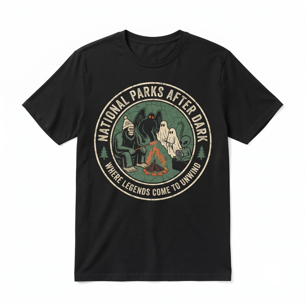 National Parks After Dark Cryptid Camping Apparel Bigfoot Mothman Ghost Alien Graphic Unisex TShirt