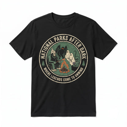 National Parks After Dark Cryptid Camping Apparel Bigfoot Mothman Ghost Alien Graphic Unisex TShirt