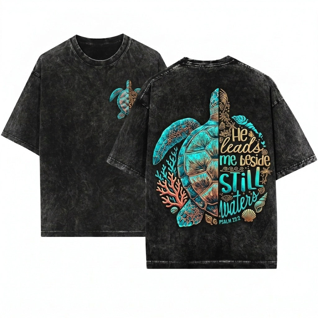 He Leads Me Beside Still Waters Psalm 23 Christian Sea Turtle Coastal Faith Beach Unisex Wash T-Shirt