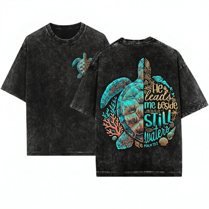 He Leads Me Beside Still Waters Psalm 23 Christian Sea Turtle Coastal Faith Beach Unisex Wash T-Shirt