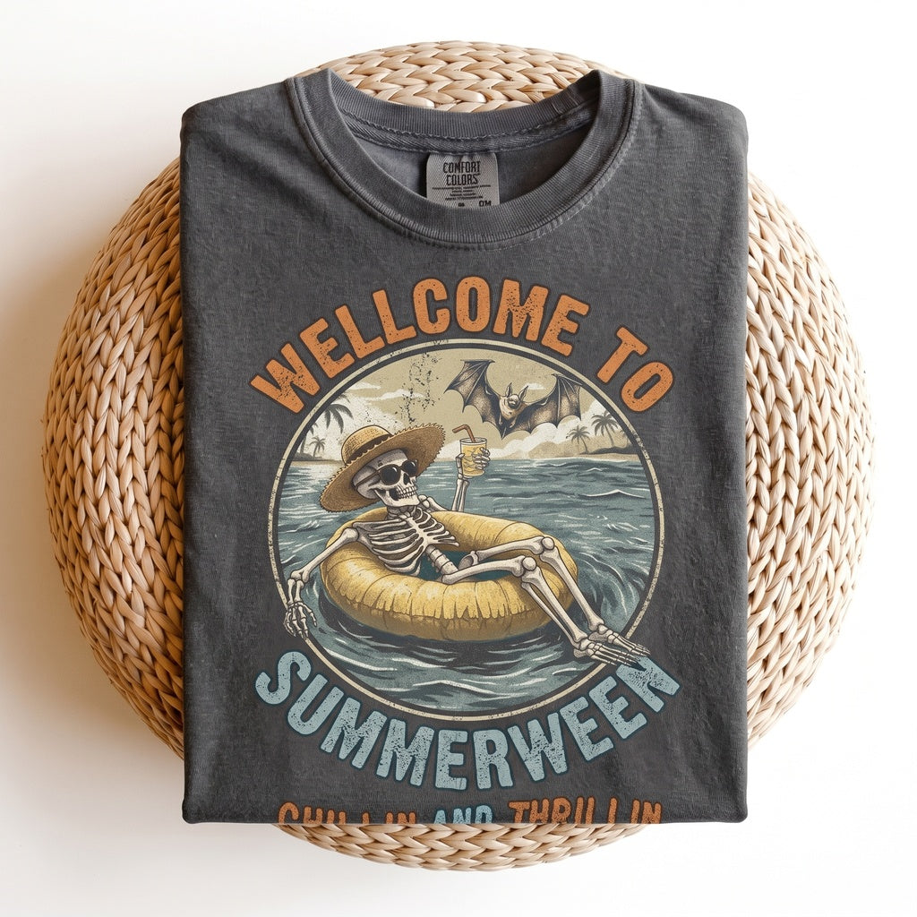 Summerween Skeleton Spooky Beach Vacation Halloween Chillin Thrillin Unisex TShirt