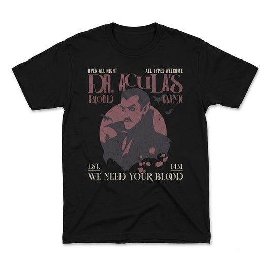 Vintage Dr Aculas Blood Bank Halloween Vampire Graphic Apparel Unisex TShirt